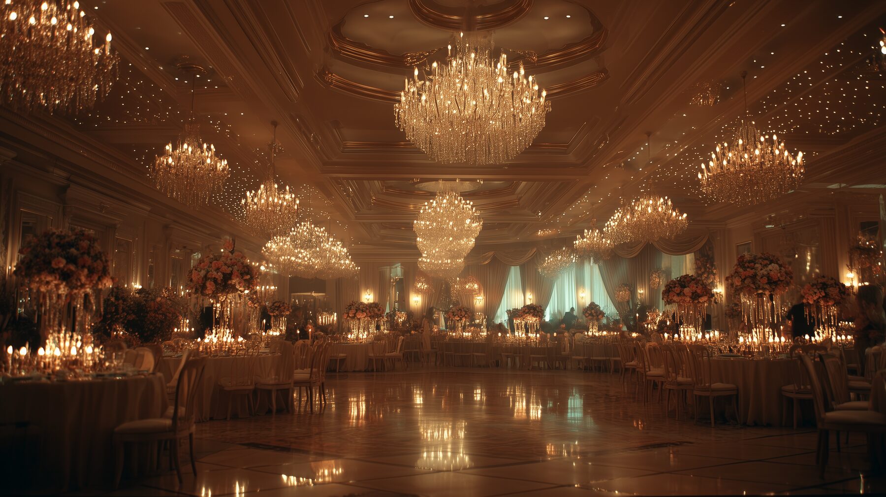 Elegantly decorated ballroom for the Krewe of Shamrock Tartan Ball