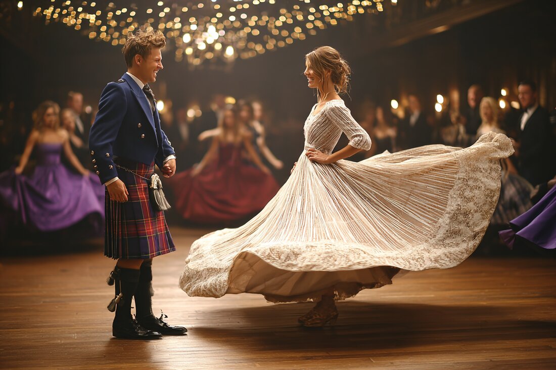 A couple in a kilt and flowing gown dancing at the ball