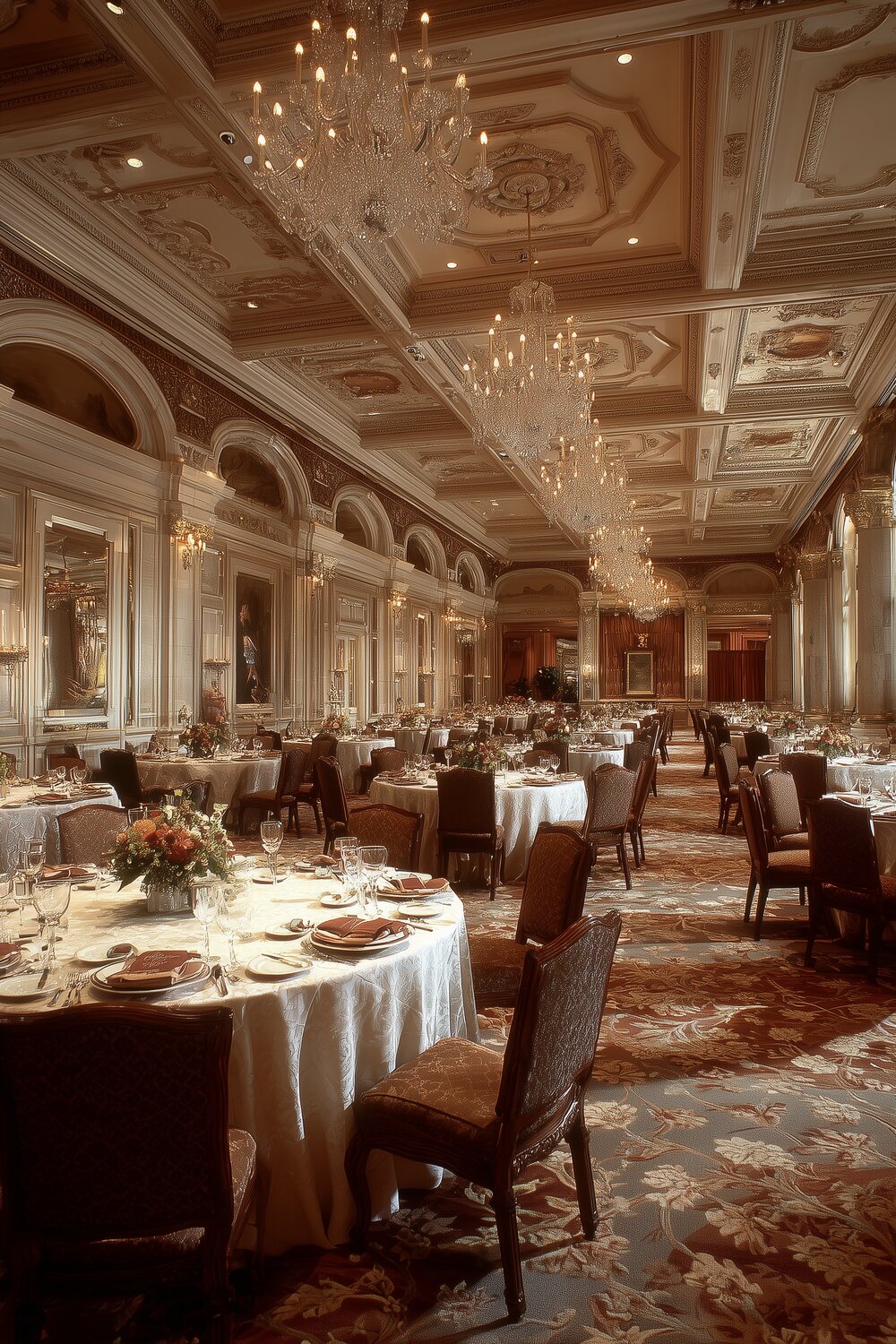 An ornate ballroom set with elegant dining tables and chandeliers