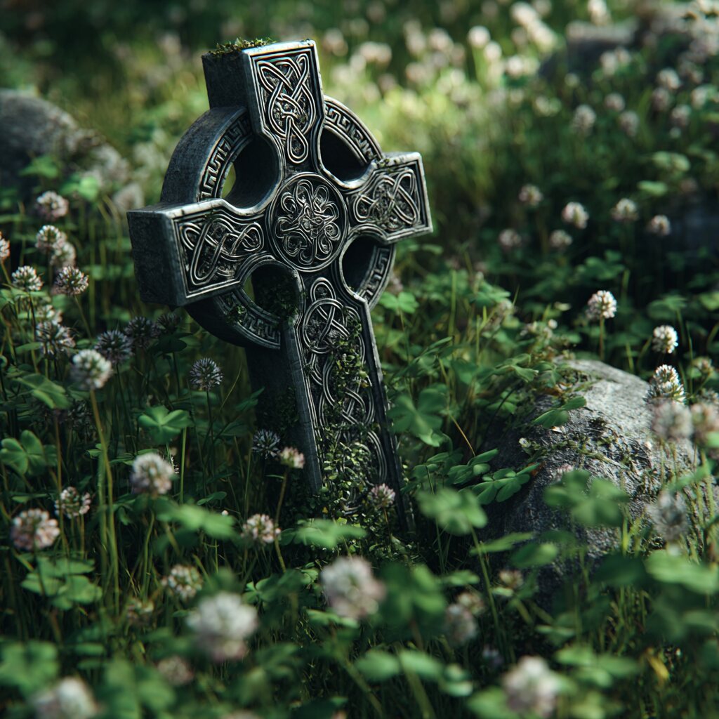 Stone Celtic cross in a field of clover