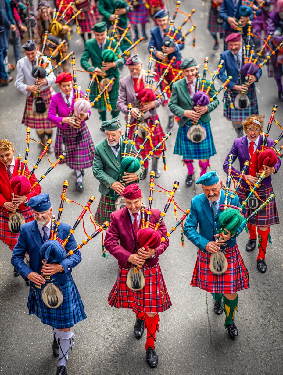 Colorful pipe band marching in parade