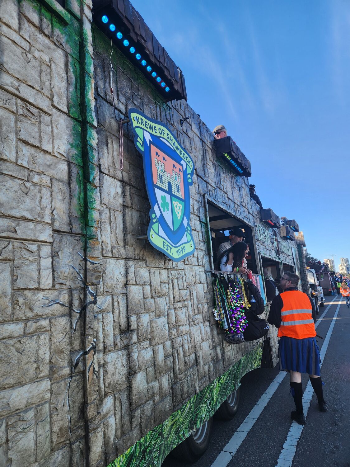 Krewe of Shamrock float with the official crest, Est. 1999