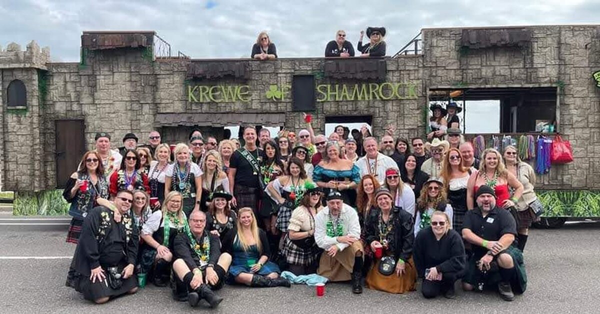 The whole Krewe of Shamrock gathered in front of the castle float