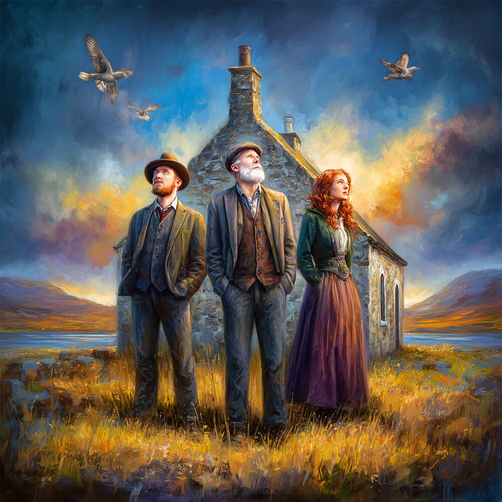 Gaelic folk before a stone cottage at dusk