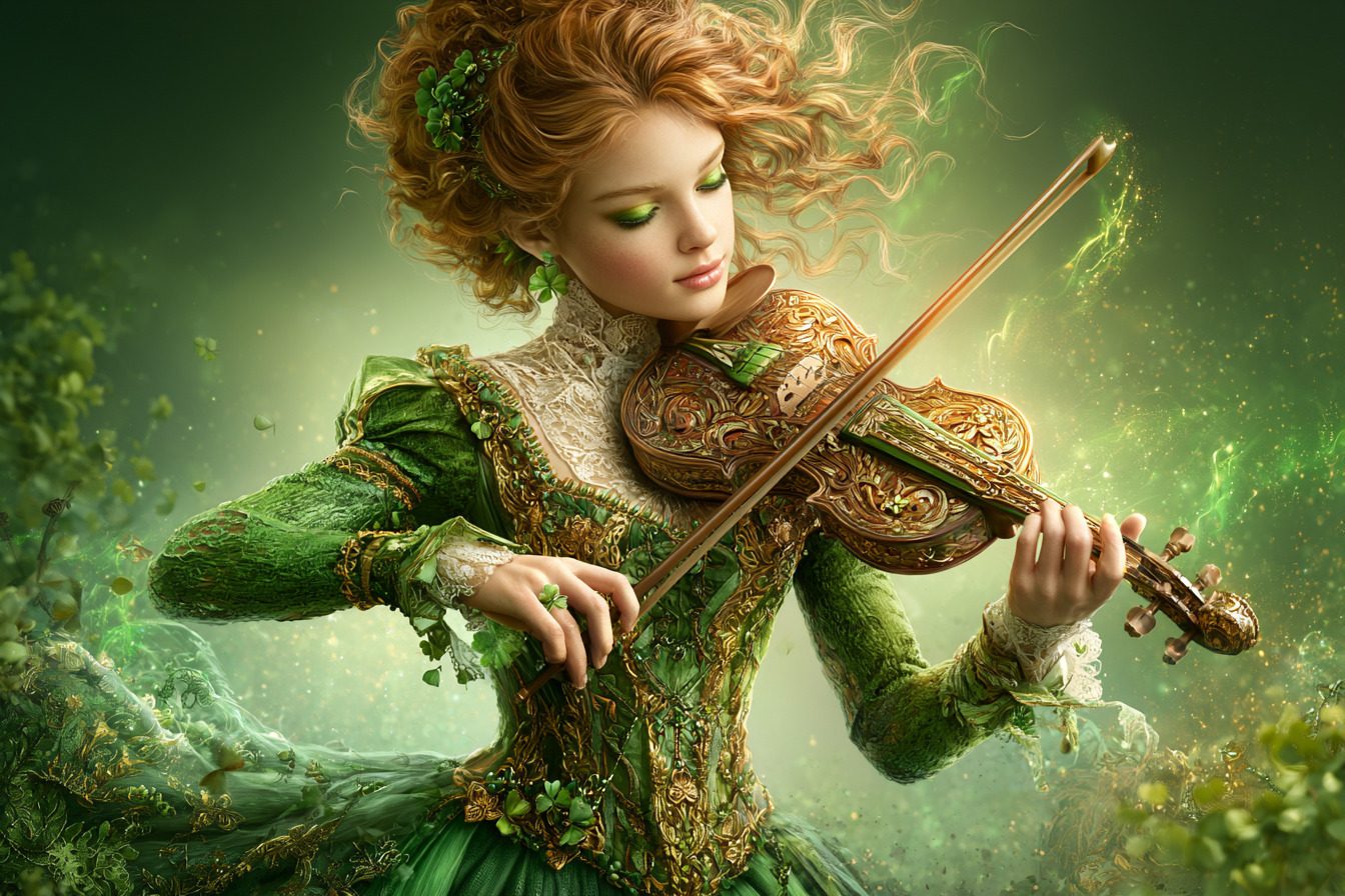 Red-haired fiddler in a green dress on Irish hills