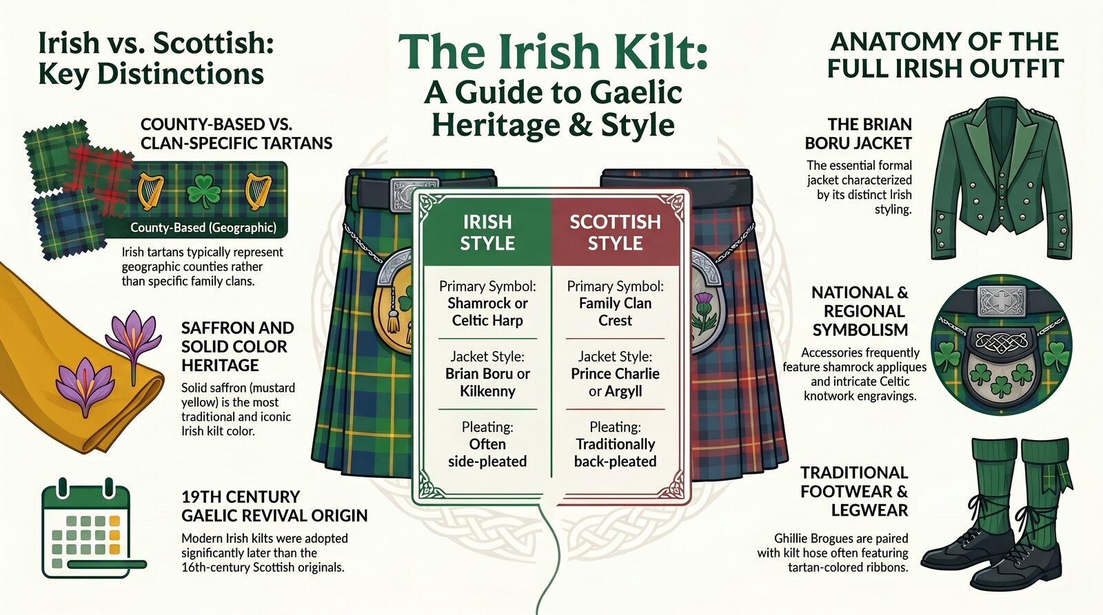 Infographic comparing Irish and Scottish kilt styles, tartans, jackets, and footwear