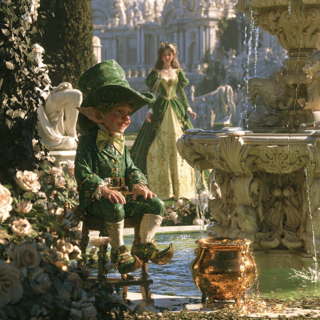 The Clever Protector: a Celtic leprechaun in emerald velvet sits by a marble palace fountain with his overflowing pot of gold, while a young woman in green and pale yellow watches from the garden beyond