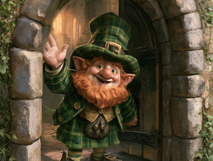 A leprechaun waves you in from the castle door
