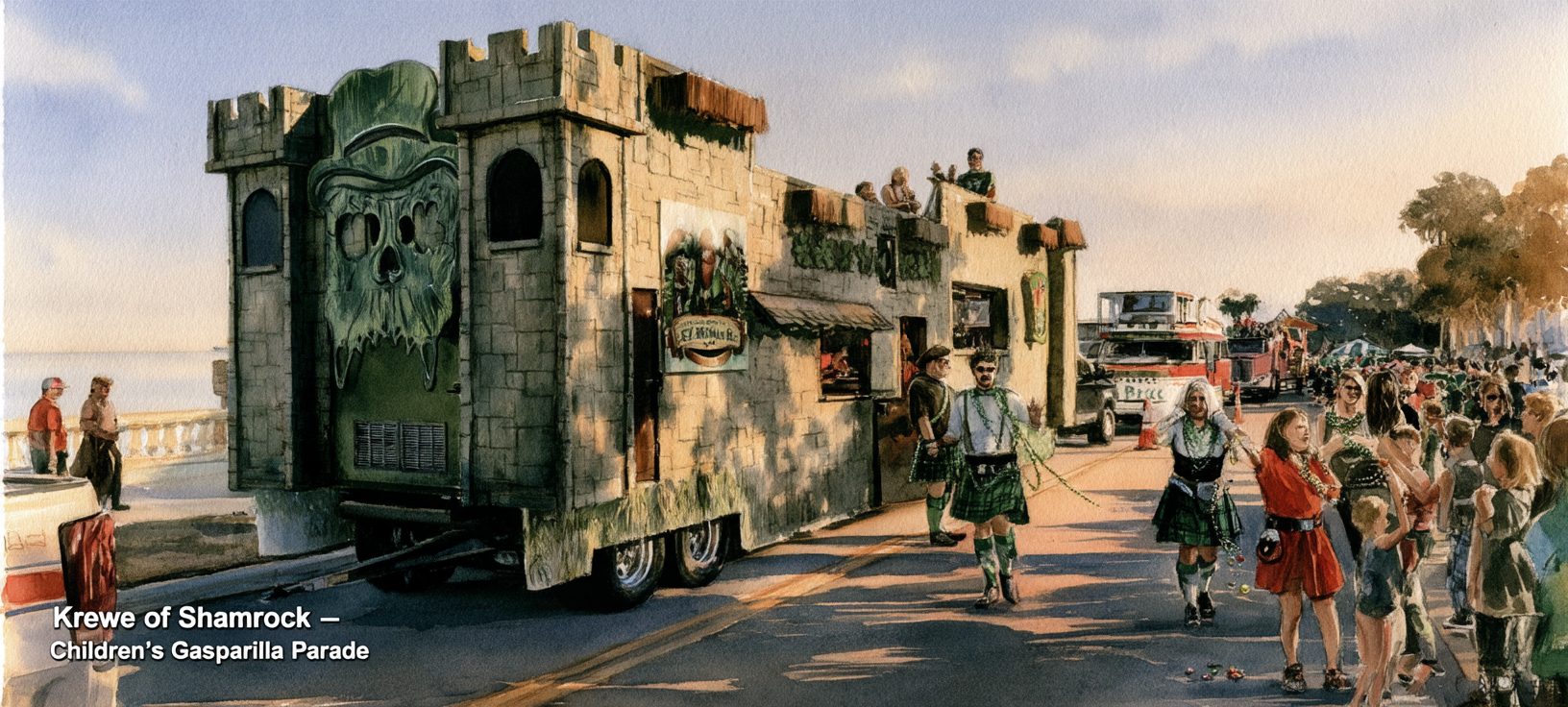 Krewe of Shamrock castle float on Bayshore at Children's Gasparilla with families along the route