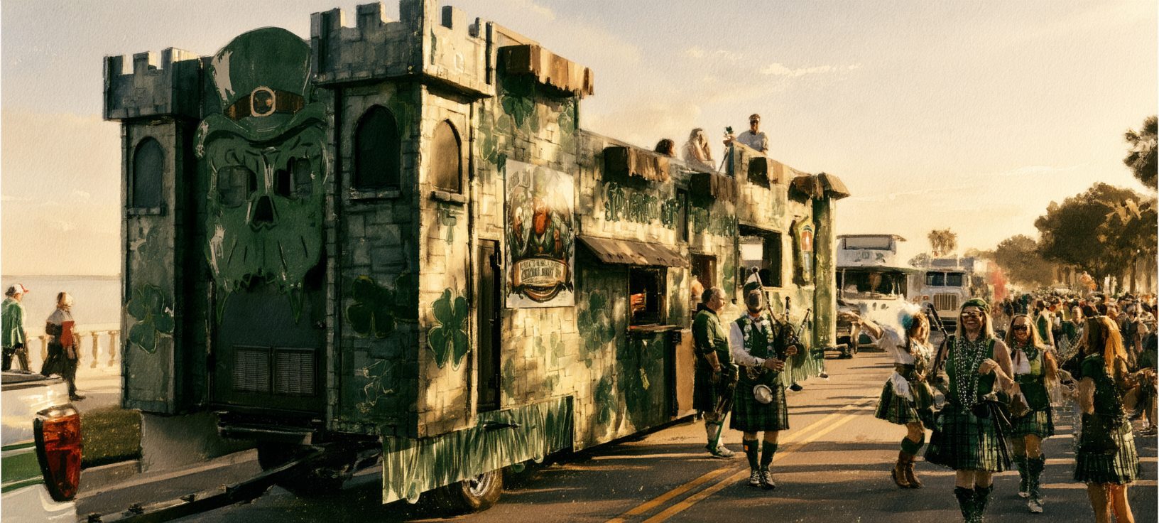 Krewe of Shamrock castle float on Bayshore at the Gasparilla Parade of Pirates