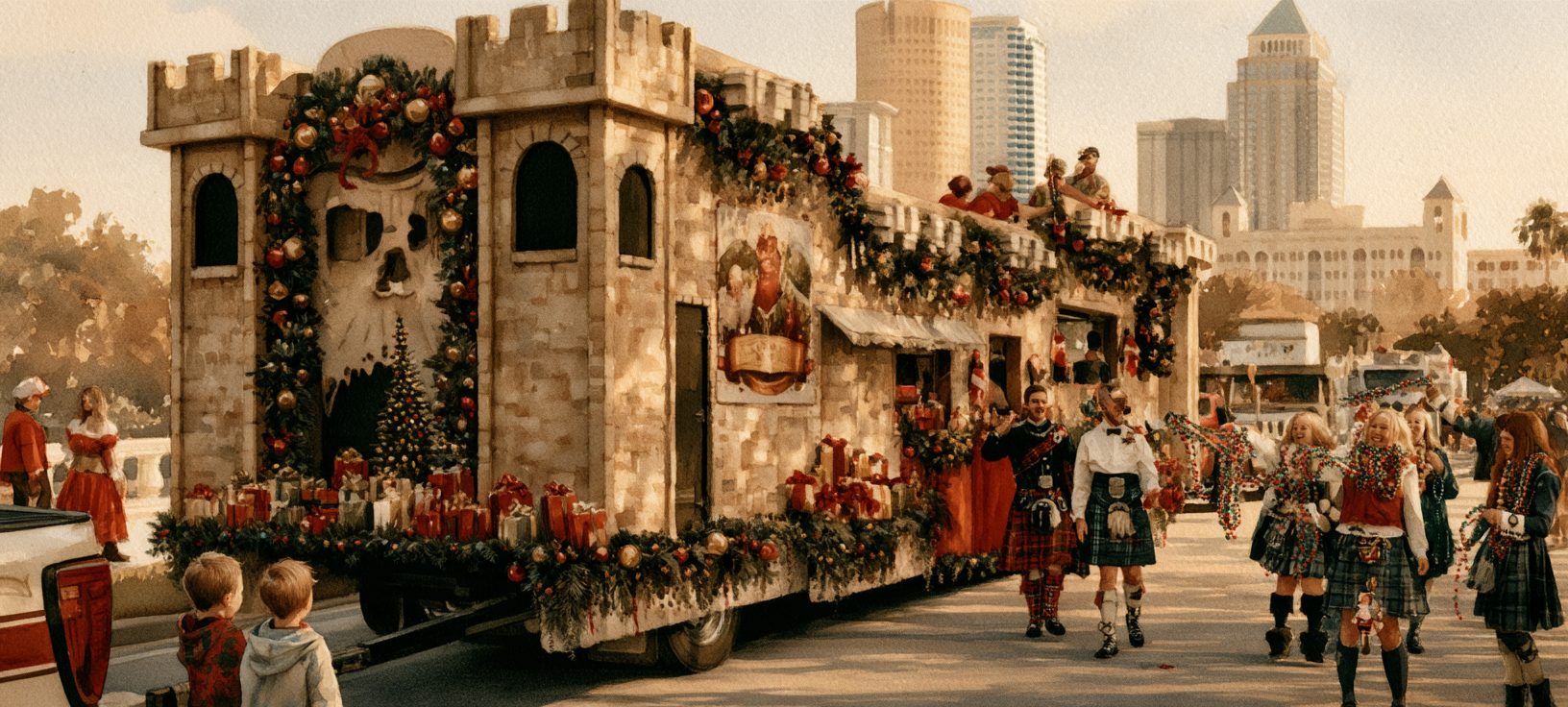 Krewe of Shamrock castle float decorated with garland and gifts at SantaFest