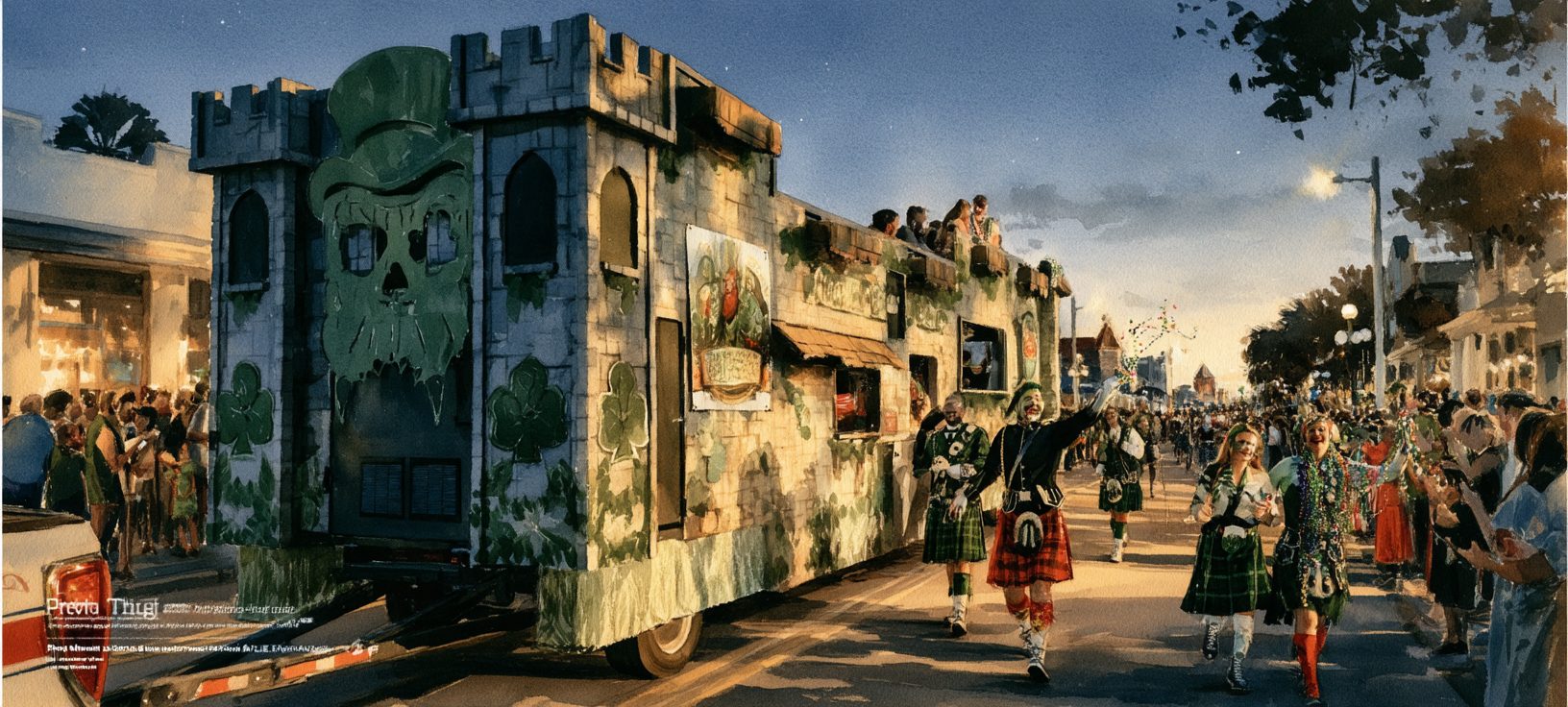 Krewe of Shamrock castle float at dusk in the Sant'Yago Knight Parade