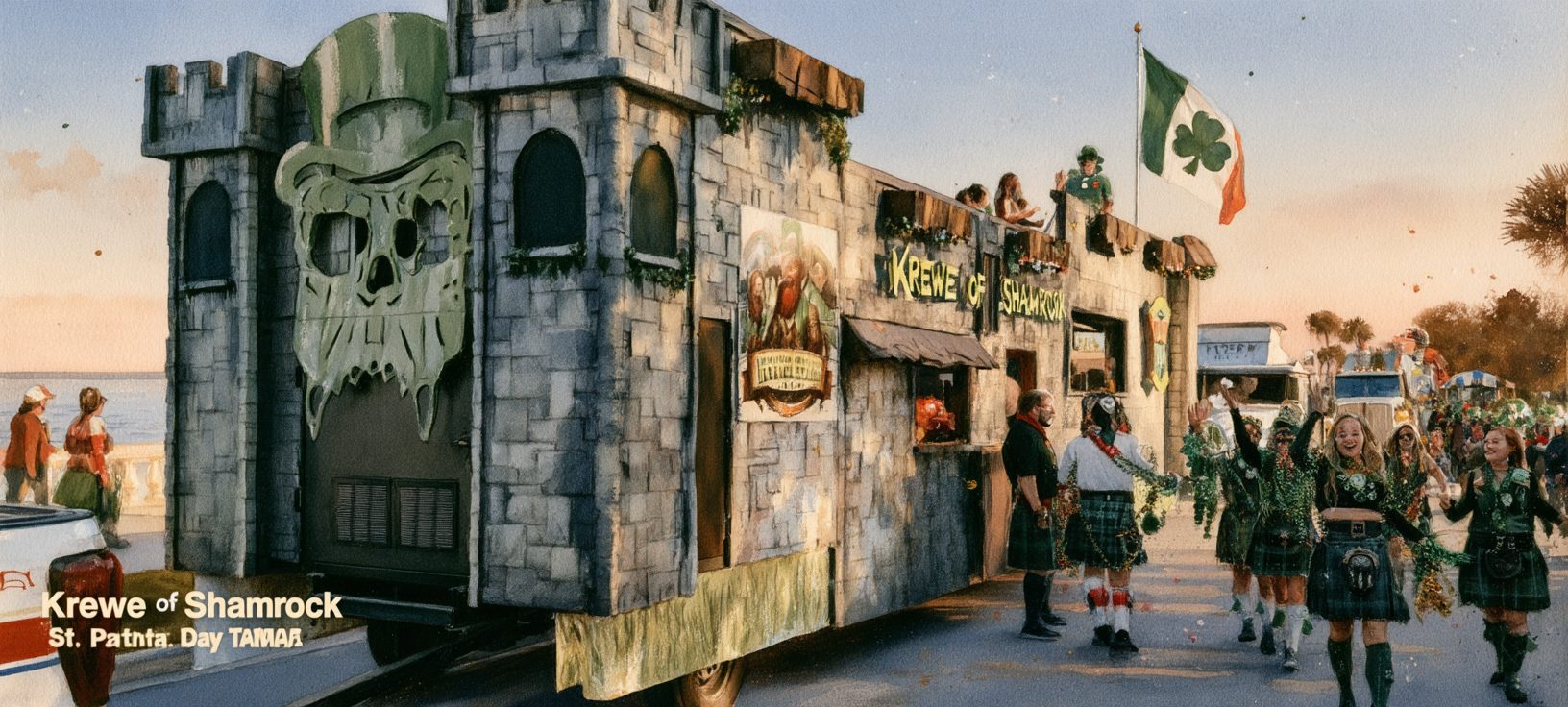 Krewe of Shamrock castle float on the Tampa waterfront at the St. Patrick's Day Parade