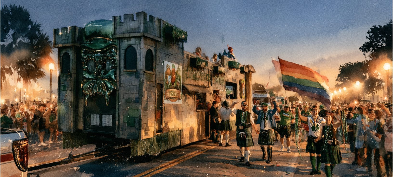 Krewe of Shamrock castle float at night with a Pride flag at Tampa Pride