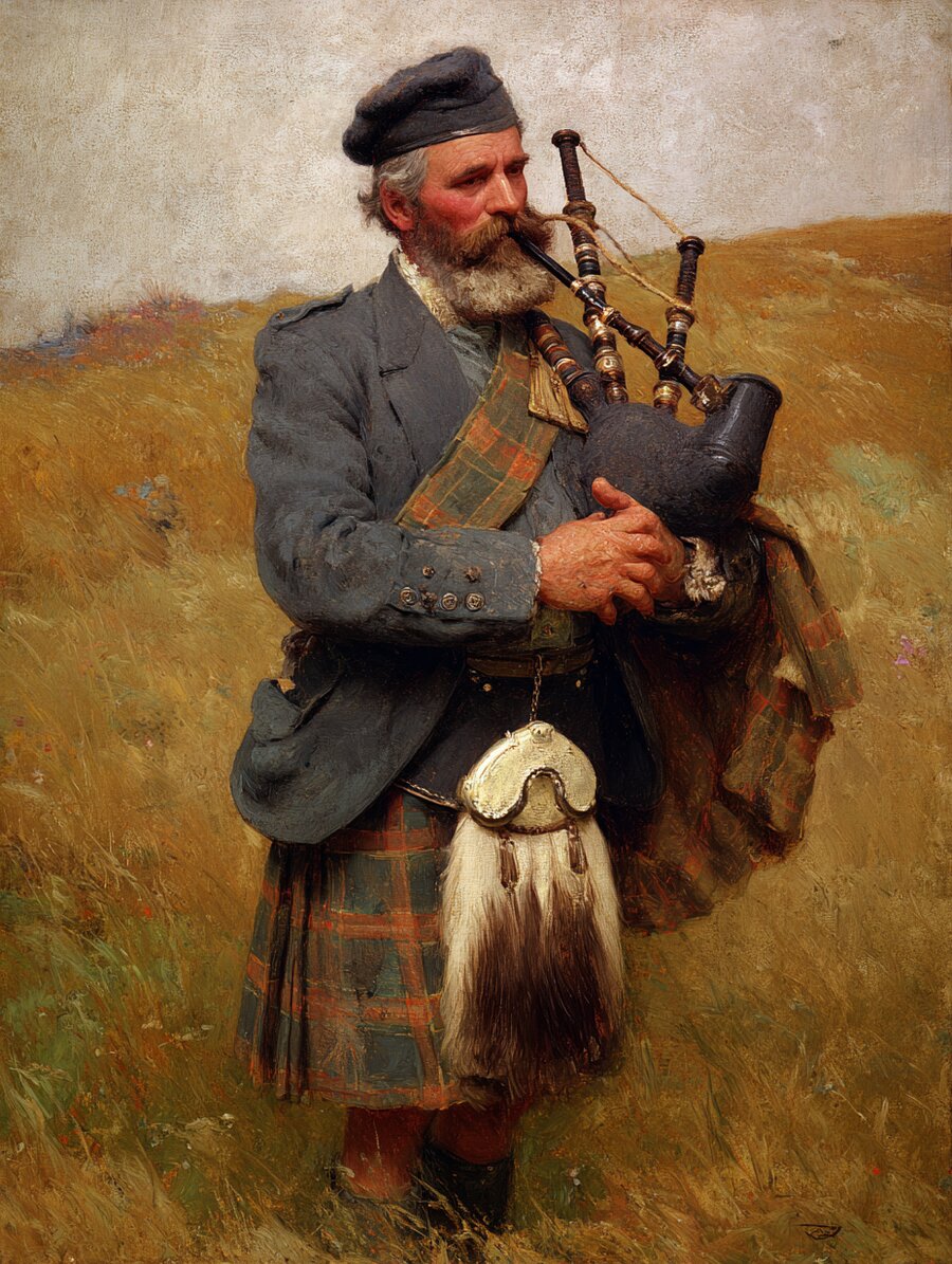 Painterly portrait of a lone piper in a field
