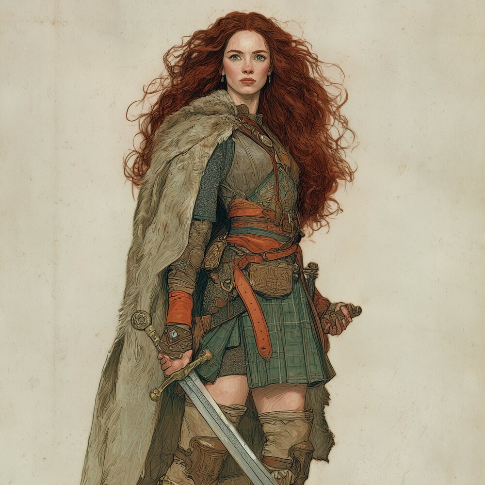 Illustrated red-haired Celtic warrior woman with sword and cloak