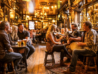 A lively pub music session: friends playing tunes together around the table
