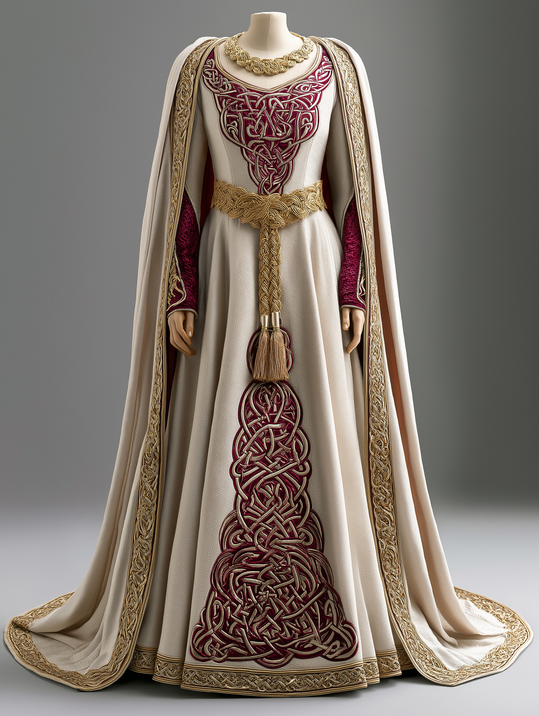 Traditional Irish dance costume on a mannequin: a cream léine gown with deep red and gold Celtic knotwork, a woven gold crios belt, and a flowing gold-trimmed cape