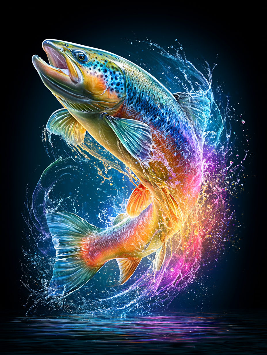 A glowing, colorful salmon leaping from a mystical river